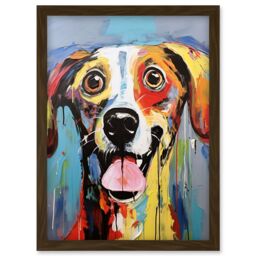 Artery8 Wall Art Print Colourful Dog Portrait Artwork by Jason Brydson Happy Face Oil Painting Bold Bright Vibrant Artwork Framed A4 in Brown - thumbnail 1