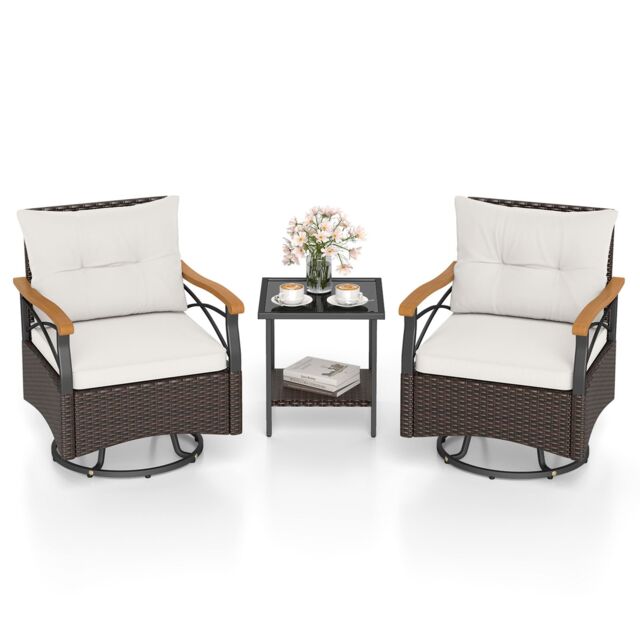 Gymax 3-Piece Swivel Chair Set Outdoor Wicker Rotating Chairs Side Table in White - image 1