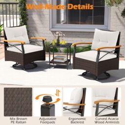 Gymax 3-Piece Swivel Chair Set Outdoor Wicker Rotating Chairs Side Table in White - thumbnail 9