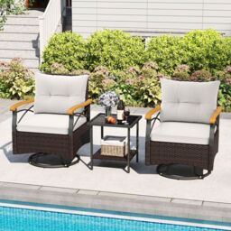 Gymax 3-Piece Swivel Chair Set Outdoor Wicker Rotating Chairs Side Table in White - thumbnail 3