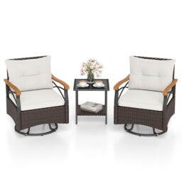 Gymax 3-Piece Swivel Chair Set Outdoor Wicker Rotating Chairs Side Table in White - thumbnail 1