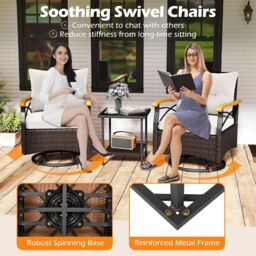 Gymax 3-Piece Swivel Chair Set Outdoor Wicker Rotating Chairs Side Table in White - thumbnail 6