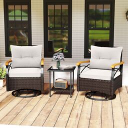 Gymax 3-Piece Swivel Chair Set Outdoor Wicker Rotating Chairs Side Table in White - thumbnail 4
