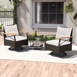 Gymax 3-Piece Swivel Chair Set Outdoor Wicker Rotating Chairs Side Table in White - thumbnail 5
