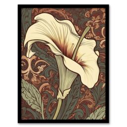Artery8 Wall Art Print Single White Cala Lily Flower Art Nouveau Painting Pastel Colour Teal Green Red William Morris Style Patterns Colourful Bright - thumbnail 1