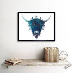 "Wee Blue Coo Ink Space Highland Cow Home Decor 12x16"" Framed Art Print in Blue - Size: W12"" x H16""" - thumbnail 2