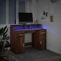 Berkfield Home Desk with LED Lights Brown Oak 120x55x91 cm Engineered Wood - Size: 120 x 55 x 91 cm - thumbnail 5