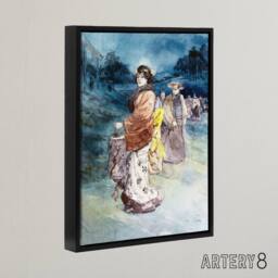 "Artery8 Somm Procession of Characters in Japanese Costume Framed Canvas Art in Blue - Size: W12"" x H16""" - thumbnail 2
