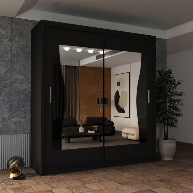 Sliding Wardrobes 4U Curved Mirror Sliding Door Wardrobe 180cm X 217cm in Black - Size: 180 cm X 217 cm - image 1
