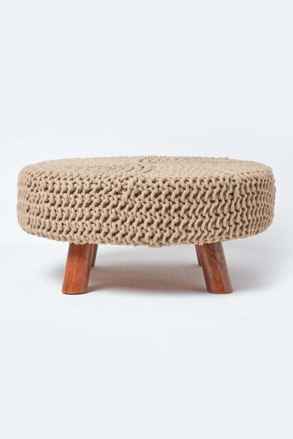 Homescapes Large Round Cotton Knitted Footstool on Legs in Beige - image 1