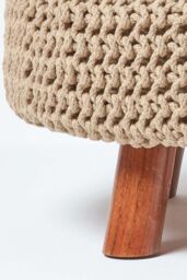 Homescapes Large Round Cotton Knitted Footstool on Legs in Beige - thumbnail 4
