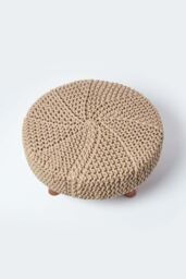 Homescapes Large Round Cotton Knitted Footstool on Legs in Beige - thumbnail 3