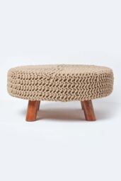 Homescapes Large Round Cotton Knitted Footstool on Legs in Beige
