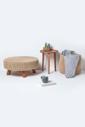 Homescapes Large Round Cotton Knitted Footstool on Legs in Beige - thumbnail 6