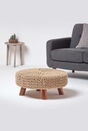 Homescapes Large Round Cotton Knitted Footstool on Legs in Beige - thumbnail 2