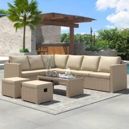Matteo Garden Corner Sofa Set - Rattan Effect - Khaki