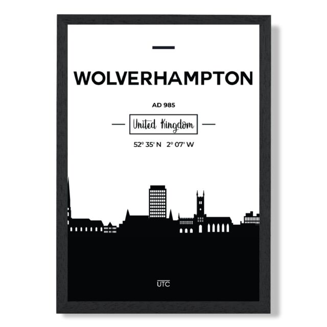 ARTZE Wolverhampton Black & White City Skyline Framed Print SIZE: A3 with Black Frame - Size: A4 - image 1