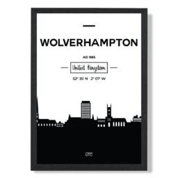 ARTZE Wolverhampton Black & White City Skyline Framed Print SIZE: A3 with Black Frame - Size: A4 - thumbnail 1