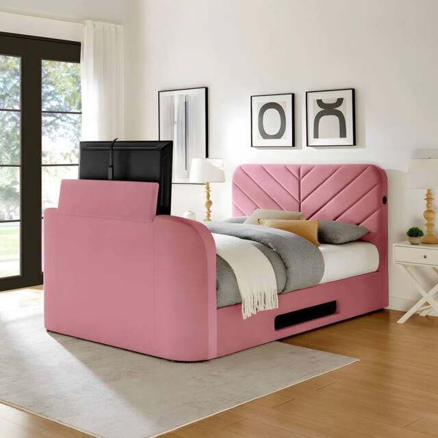 PARADISE BEDS LTD Royal View Velvet Upholstered Smart TV Bed Set - Plush Velvet in Pink - Size: King - image 1