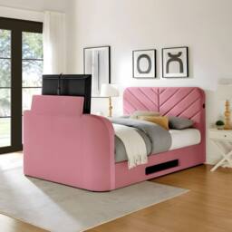 PARADISE BEDS LTD Royal View Velvet Upholstered Smart TV Bed Set - Plush Velvet in Pink - Size: King