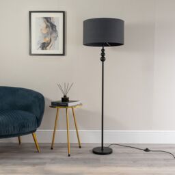 ValueLights Marissa Fabric Drum Shade with Black Stacked Ball Floor Lamp in Charcoal - thumbnail 4