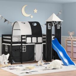Kids' Loft Bed with Tower White&Black 90x200cm Solid Wood Pine - thumbnail 1