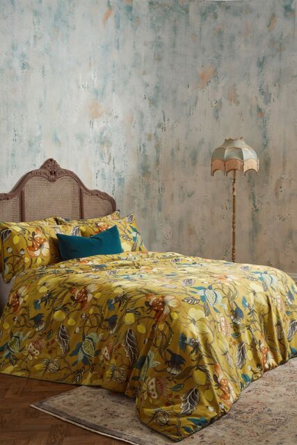 Edinburgh Weavers Morton 200 Thread Count Floral Premium Cotton Sateen Piped Duvet Cover Set in Yellow - Size: Super King - image 1