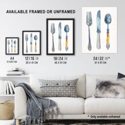 "Artery8 Cutlery Fork Spoon & Knife Bright Watercolour Wall Art Print in Grey - Size: W24"" x H32""" - thumbnail 3