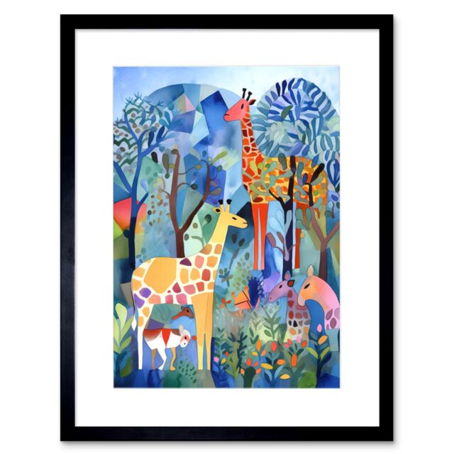 "Artery8 Wall Art Print Grazing Animals Folk Art Watercolour Painting Artwork Framed 9X7 Inch in Black - Size: W7"" x H9""" - image 1