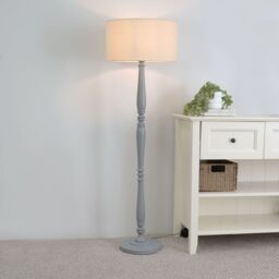 ValueLights Victoria Grey Wood Traditional Stem Floor Lamp with Fabric Drum Shade in Natural - thumbnail 1