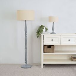 ValueLights Victoria Grey Wood Traditional Stem Floor Lamp with Fabric Drum Shade in Natural - thumbnail 4