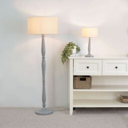 ValueLights Victoria Grey Wood Traditional Stem Floor Lamp with Fabric Drum Shade in Natural - thumbnail 5