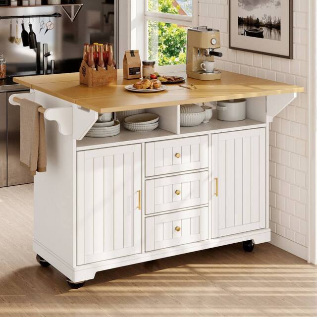 Rolipo Extendable Kitchen Island Trolley With Storage & Casters in White - image 1