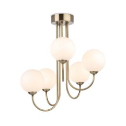 Netlighting Lyndon 5 Light Globe Flush Fitting Antique Brass with Opal White Glass in Gold