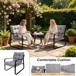 Alivio 3 Piece Iron Patio Bistro Set, 2 Chairs & Coffee Table (Grey) in Grey - Size: 3 Seater - thumbnail 4
