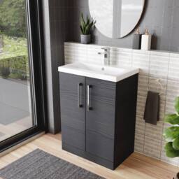 Balterley Contemporary Bathroom Floor Standing 2 Soft-Close Door Vanity Unit & Mid-Edge Ceramic Basin, Charcoal Black, 600 mm in Black - thumbnail 4
