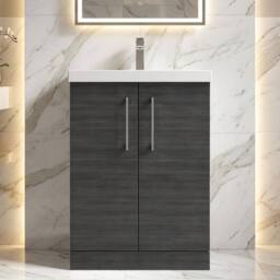 Balterley Contemporary Bathroom Floor Standing 2 Soft-Close Door Vanity Unit & Mid-Edge Ceramic Basin, Charcoal Black, 600 mm in Black - thumbnail 9
