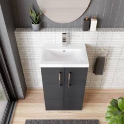 Balterley Contemporary Bathroom Floor Standing 2 Soft-Close Door Vanity Unit & Mid-Edge Ceramic Basin, Charcoal Black, 600 mm in Black - thumbnail 3