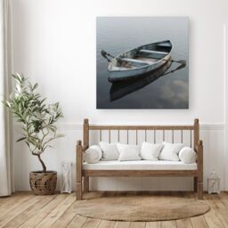 "Warren Reed - Designer Boat On The Lake Canvas in Grey - Size: W30"" x H30""" - thumbnail 1