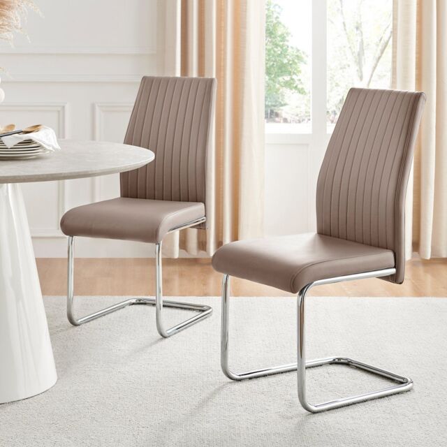 FurnitureboxUK 2x Lorenzo Faux Leather Chrome Dining Chairs in Beige - image 1