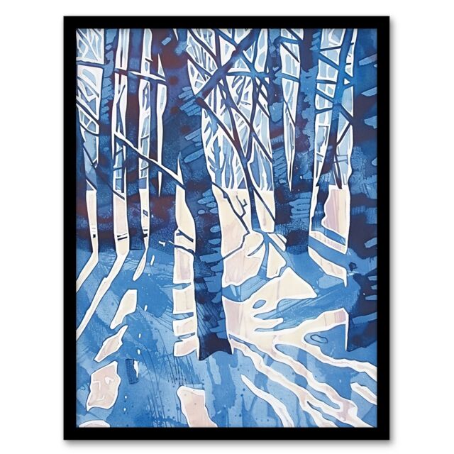"Artery8 Blue Winter Birch Forest Trees Snow Shadow Framed Art Print - Size: W12"" x H16""" - image 1