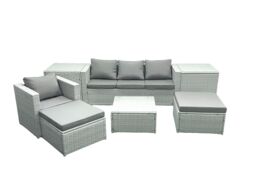 Fimous Garden Outdoor Furniture Set 6 Seater Rattan Sofa Set with 2 Big Footstools Armchair 2 Side Tables Light Grey Mixed - thumbnail 1
