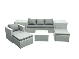 Fimous Garden Outdoor Furniture Set 6 Seater Rattan Sofa Set with 2 Big Footstools Armchair 2 Side Tables Light Grey Mixed - thumbnail 2