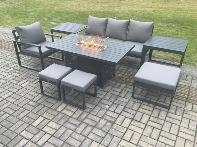Fimous Aluminium 8 Pieces Garden Furniture Sofa Set with Cushions Gas Fire Pit Dining Table Set with 3 Footstools 2 Side Tables Dark Grey - image 1