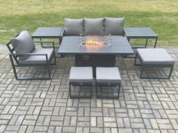 Fimous Aluminium 8 Pieces Garden Furniture Sofa Set with Cushions Gas Fire Pit Dining Table Set with 3 Footstools 2 Side Tables Dark Grey - thumbnail 2
