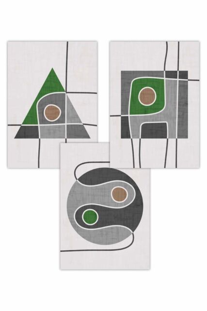 ARTZE Set of 3 Mid Century Graphical Shapes in Grey & Green Art Posters - Size: W50 cm x H70 cm - image 1