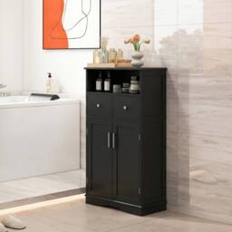 Gymax Bathroom Freestanding Cabinet 2 Doors Kitchen Storage Organizer in Black - thumbnail 4