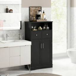 Gymax Bathroom Freestanding Cabinet 2 Doors Kitchen Storage Organizer in Black - thumbnail 3