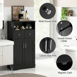 Gymax Bathroom Freestanding Cabinet 2 Doors Kitchen Storage Organizer in Black - thumbnail 6
