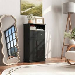 Gymax Bathroom Freestanding Cabinet 2 Doors Kitchen Storage Organizer in Black - thumbnail 5